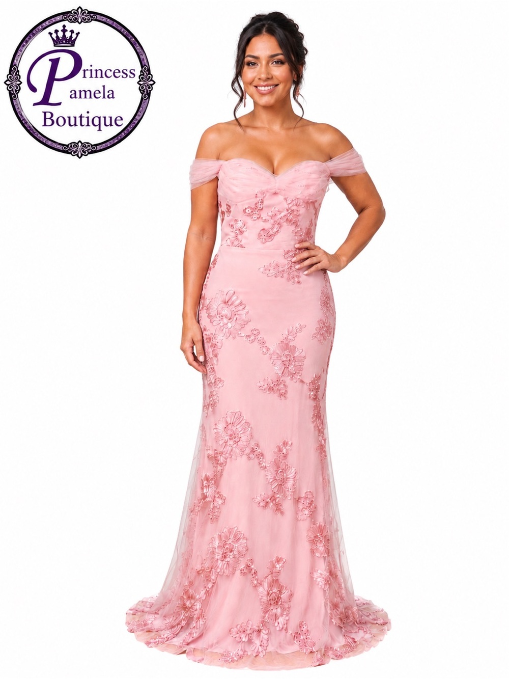 #31-4 Pink raised embroidered floral tulle embellishment column gown-XL/Size 16